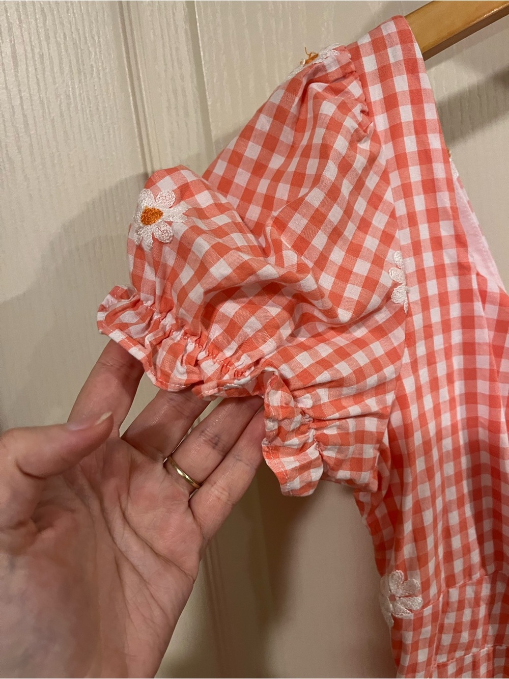 Altar'd State Coral Gingham Puff-Sleeve Mini Dress with Daisy Appliqués - Picture 3 of 9